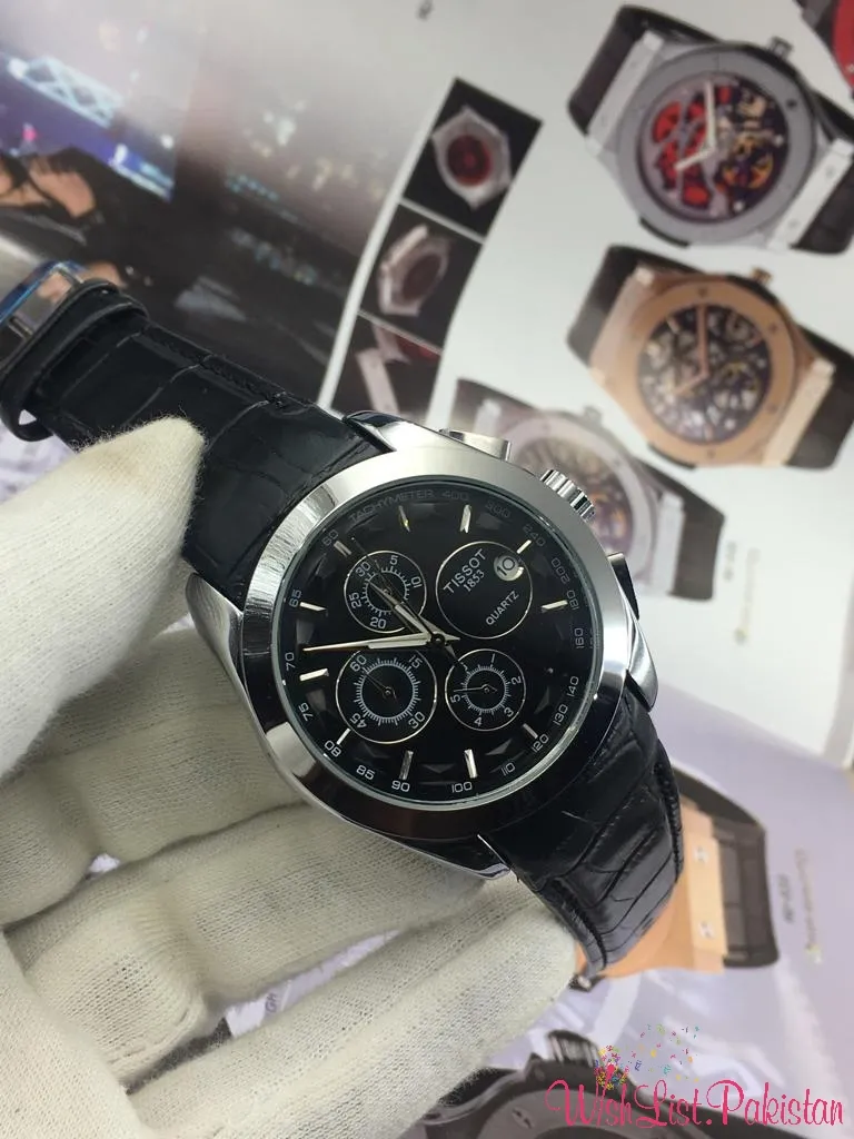 Tissot Chronograph Black Leather Silver Watch